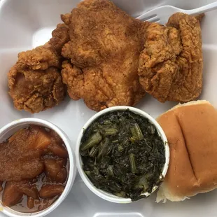 Three-piece spicy dinner w/greens and candied yams. My fav.
