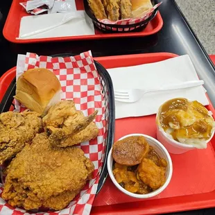 3 piece dinner with 2 sides.  Lower is mash potatos and sweet potatos.