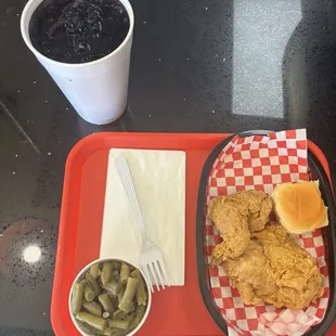 My two piece dark meat meal with green beans and grape soda!