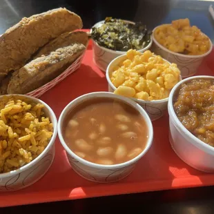 Potato wedges, Mac and cheese, vegetable rice &amp; sweet potatoes