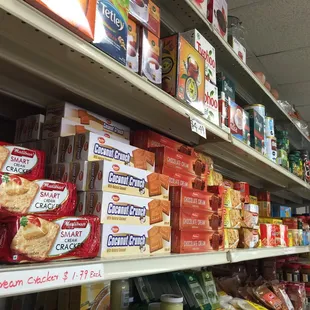 a shelf full of snacks