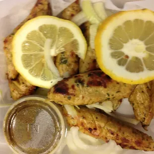 Kebabs.  Can be chicken or beef.