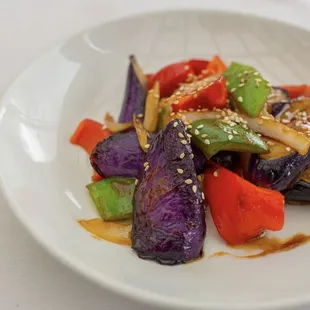 Wok Fried Eggplant  chinese eggplant, bell peppers, sweet onions