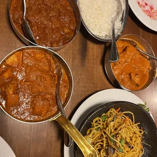 Chicken Tikka Masala, Butter Chicken, Lamb Rogan Josh, Veggie Chow Mein