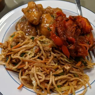 Chicken manchurian, cauliflower and noodles