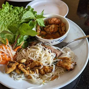 Bun Cha ha noi, vermicelli dish with combo of chicken, shrimp balls, and sausage. SO GOOD!!