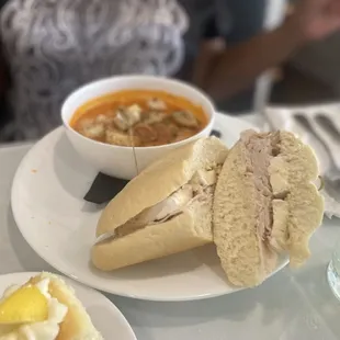 a sandwich and a bowl of soup