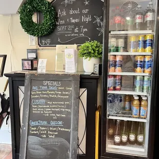 Specials board and drinks