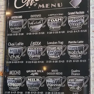 coffee and tea menu