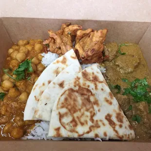 Lamb Combo--Coconut Lamb Curry, Chana masala, Basmati Rice, Pakora and Naan