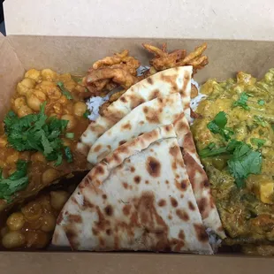 Veg combo-- Veg paneer korma, Chana masala, Basmati Rice, Pakora and Naan