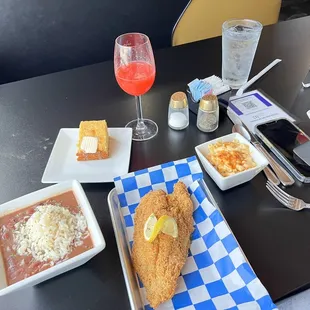 a table with food and drinks