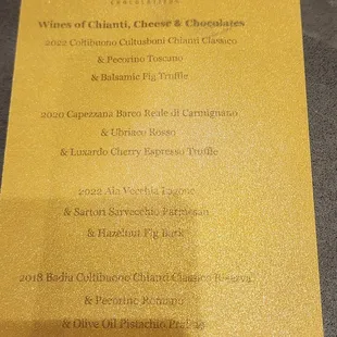 Menu for Chianti, cheese, &amp; chocolate pairing class tonight.