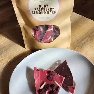 a bag of raspberry almond bark
