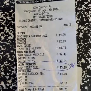 a receipt for the restaurant