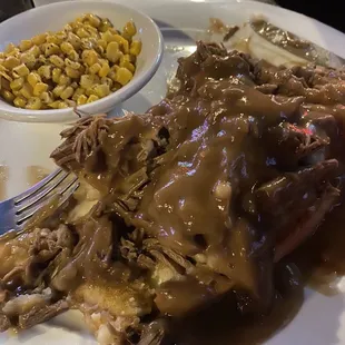 Hot beef special !  Amazingly good !  Pot roast style meat and served over toasted bread and real mashed potatoes.  Awesome !