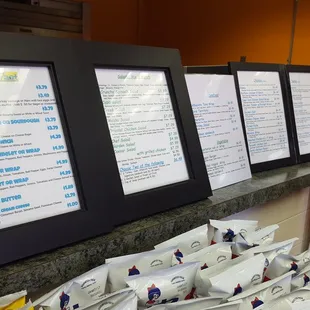 menus on a counter in a restaurant