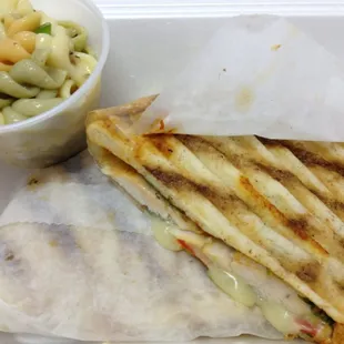 Warmed Grilled Chicken Pesto Panini and pasta salad on the side. Just try! :)9