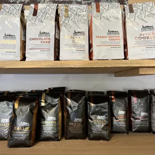 a shelf of coffee beans