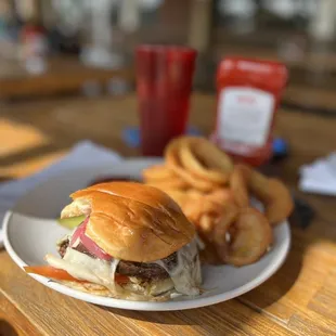 a burger and onion rings