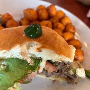 incinerator burger and sweet potato tots