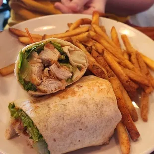 Chicken wrap with fries.