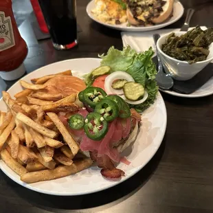 The incinerator burger (fries &amp; collard greens)