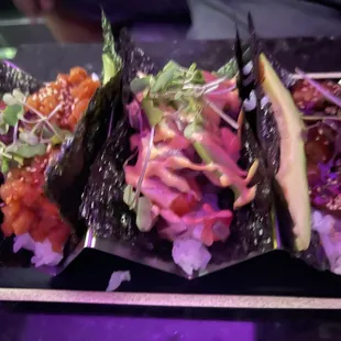 hand roll combo (1 spicy tuna handroll, 1 marinated salmon handroll and Unagi Handroll)