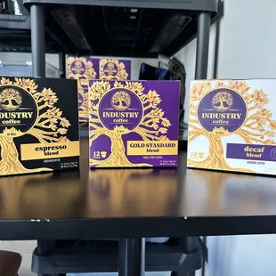 Industry Coffee Keurig compatible pods on display.  Decaf, Standard and Espresso