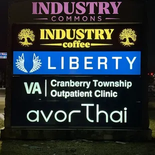 Industry Commons featuring Industry Coffee, Instant Imprints, Avor Thai, Liberty Dispensary, and Cranberry Township Outpatient VA clinic.