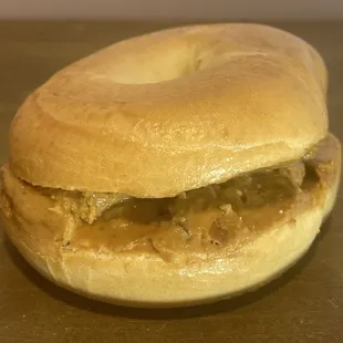 Industry Coffee plain bagel with house made pecan peanut butter