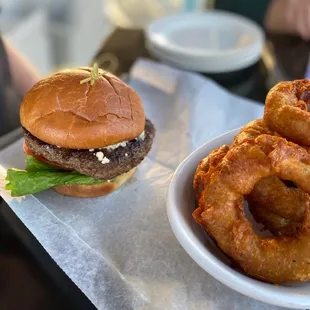 Black and Bleu Burger with Onion Rings