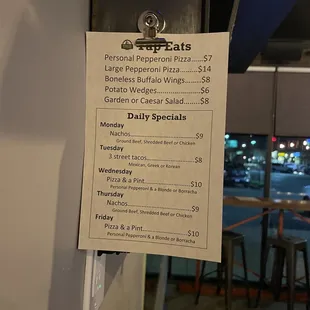 Food and specials menu
