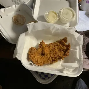 "1 single chicken tender." As big as my hand!