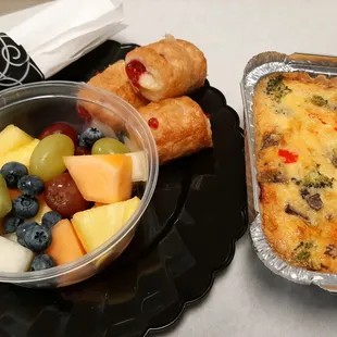 This is an example of a Covid friendly breakfast with an individual portion of quiche