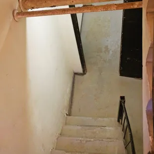 Badly damaged stairs leading down to the basement and laundry room from the back entrance in the Marleigh.