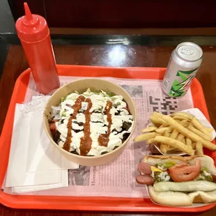 Lamb over rice bowl and a Chicago dog