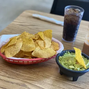 Guacamole, chips and cherry coke