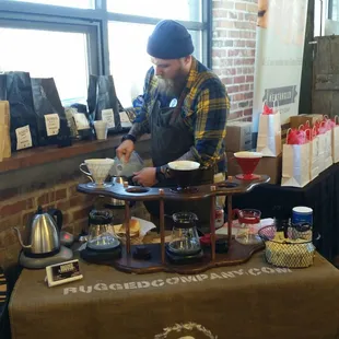 The Rugged Company - offering coffee pour overs! I highly recommend the Bourbon Barrel Brazilian!