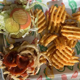 BBQ burger with waffle fries