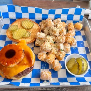 Hawaiian burger, garlic parm tots!