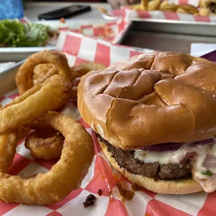 Choriburger and Onion Rings