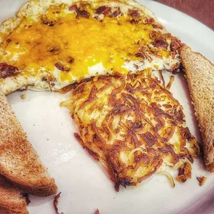 egg beater omelet, hash browns and toast