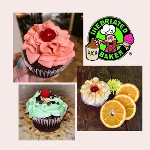 Signature jumbo boozy edible cocktail cupcakes 1oz booze--mint julep, orange mimosa, chocolate and wine wine cherries jubilee