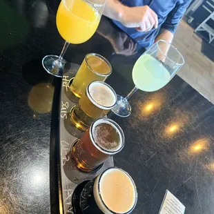 Beer flight with mimosa (top left) and wine margarita (top right)