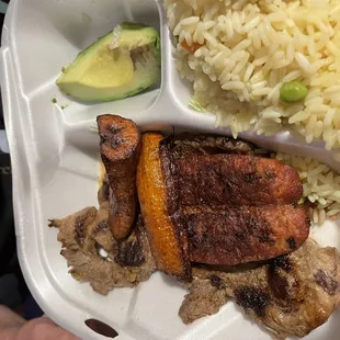 The triple play with steak, sausage, and Plantains.