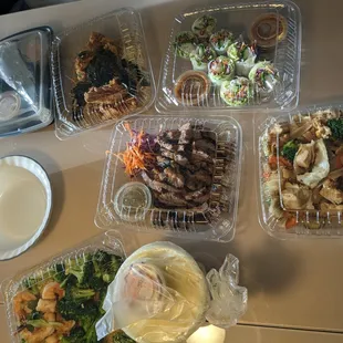 Takeout - satay, summer rolls, pad see ew, dancing prawn, yellow curry