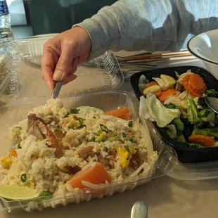 Duck fried rice, veggie delight