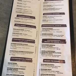 Part of the drink menu