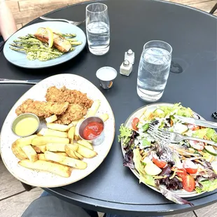 Lunch menu - Salmon with asparagus, Fried chicken tenders with fries (comes with honey mustard and ketchup), House salad